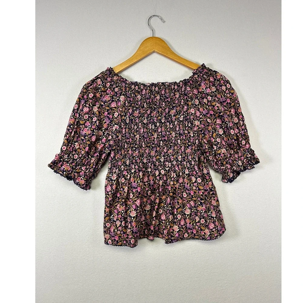 Cottagecore Boho Old Navy Womens S Petite Navy Floral Smocked Puff Sleeve Blouse